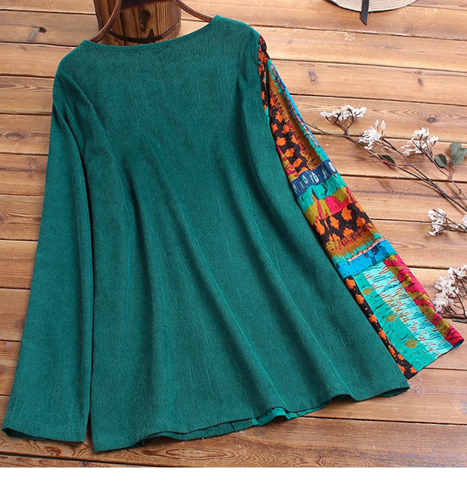 Женская хлопковая Вельветовая рубашка 4XL 5XL размера плюс, винтажные топы с этническим принтом, Лоскутная Туника, Женская Повседневная Блузка с круглым вырезом и длинным рукавом