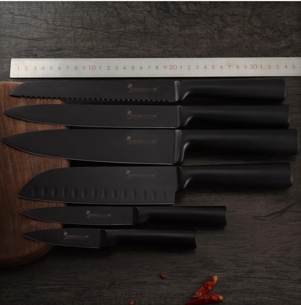 Sowoll 8 шт. набор ножей из нержавеющей стали не-ручка Полный Тан шеф-повара для нарезки хлеба сантоку ножи для чистки овощей и фруктов сумки для инструментов