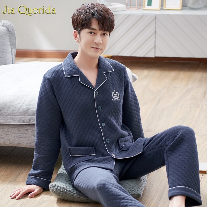 

Pijama Man Set Chinese Direct Cotton Winter Males Pajamas Long Sleeve Trousers Royal Blue Diamond Pattern Warm Sleepwear Men Set