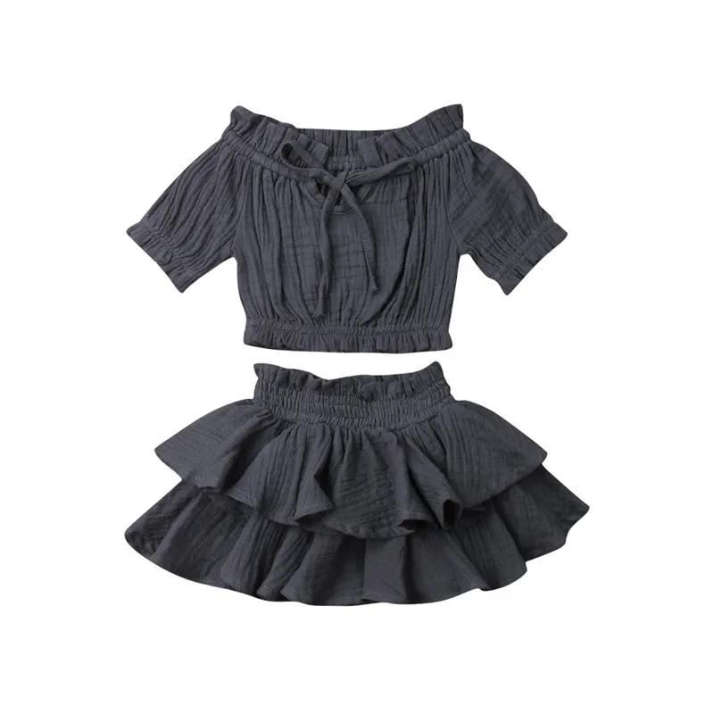 

Toddler Kids Baby Girls clothes Off Shoulder Bandage pullover short sleeve Tops Tutu solid Ruffle Skirts 2pc summer Outfits