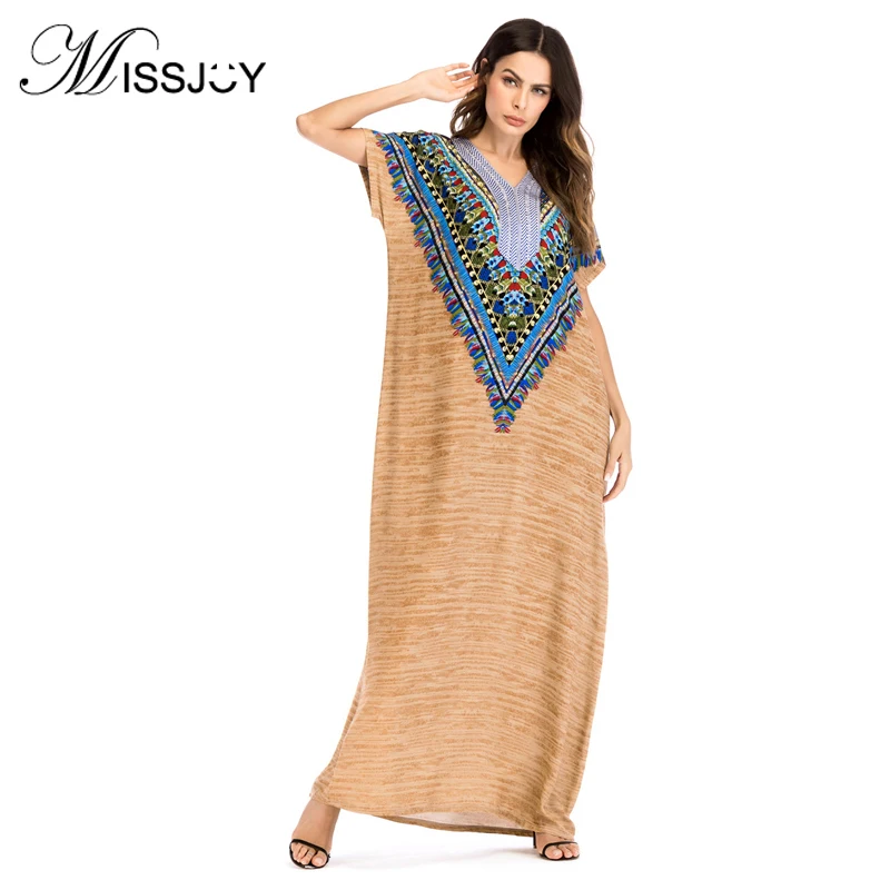 

Plus size M-3XL Embroidered Print Dress Middle Eastern Arabian Loose Tunic short sleeve V-Neck patchwork Maxi Dresses