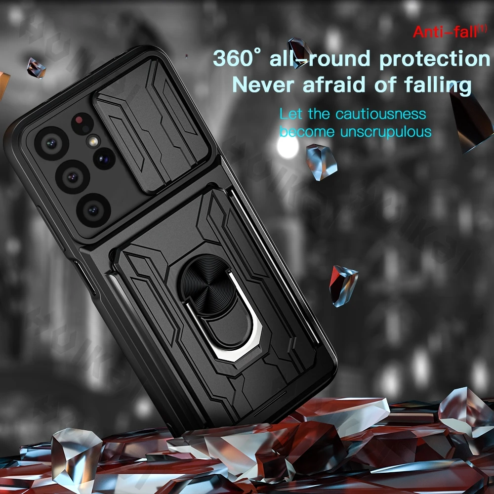 Slide Camera Lens Case For Samsung S22 Ultra S21 Ultra S21 FE S20 Plus Note 20 Ultra A72 A52 A53 A33 Detachable Card Holder Case