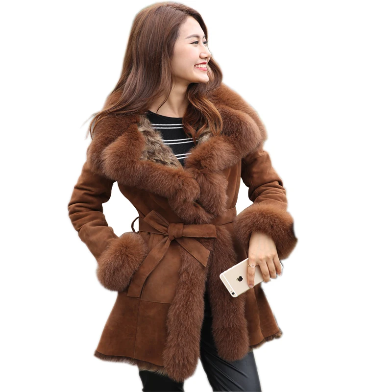Зимнее женское натуральное двухстороннее меховое пальто куртка с воротником из лисьего меха женское длинное меховое пальто куртка