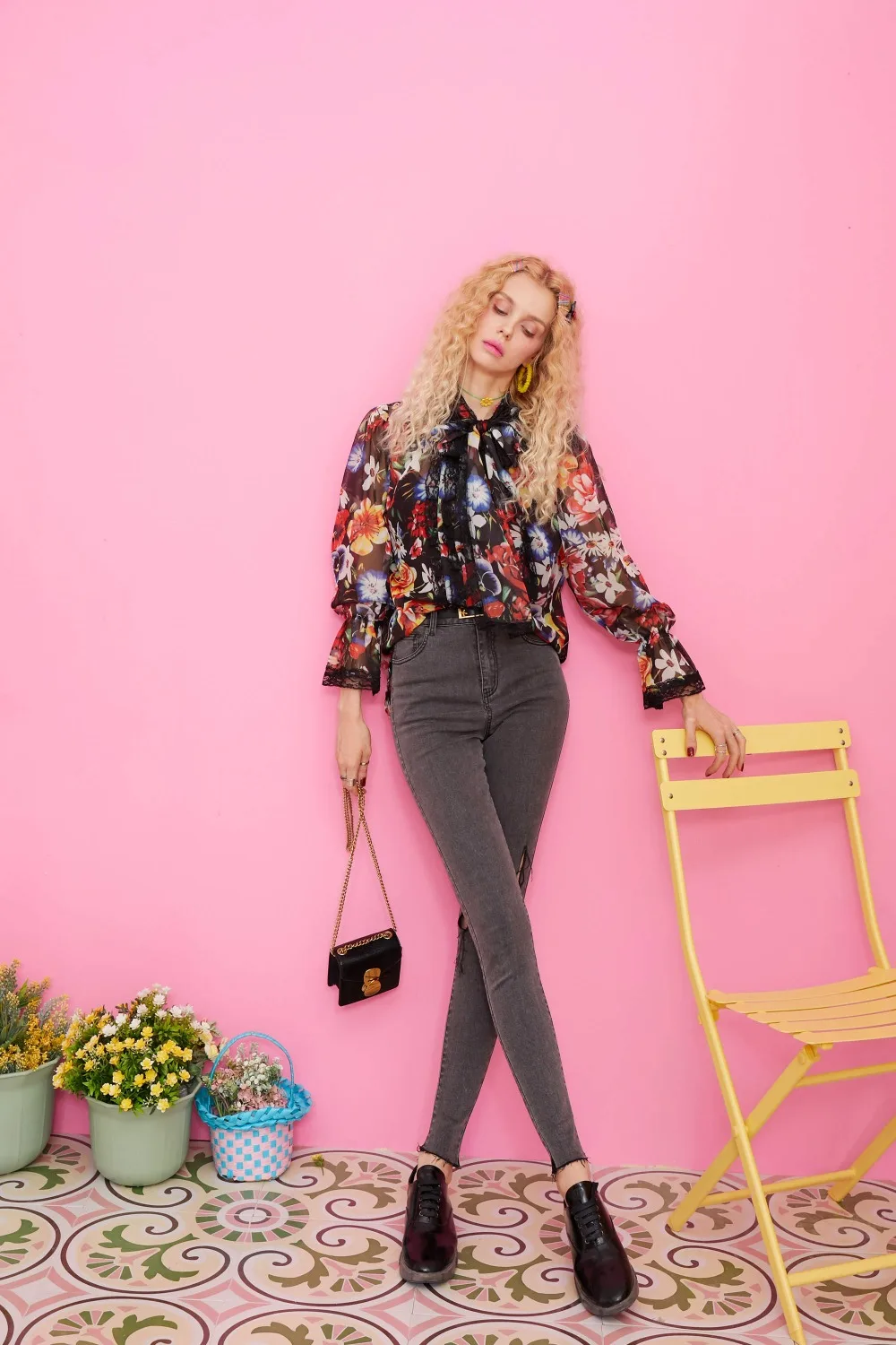 ELFSACK Цветочный принт контрастным шнурком Boho Шифоновая блузка рубашка женская одежда осень для отдыха с длинными рукавами блузки для девушек
