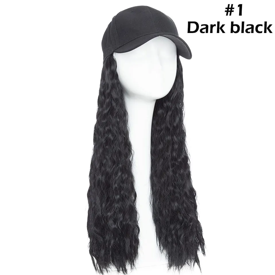Snoilite 1" волнистая бейсбольная кепка для волос удлиняющие синтетические волосы с черной кепкой интегрированная шапка с волосами для волос стиль девушки волос - Цвет: Dark black