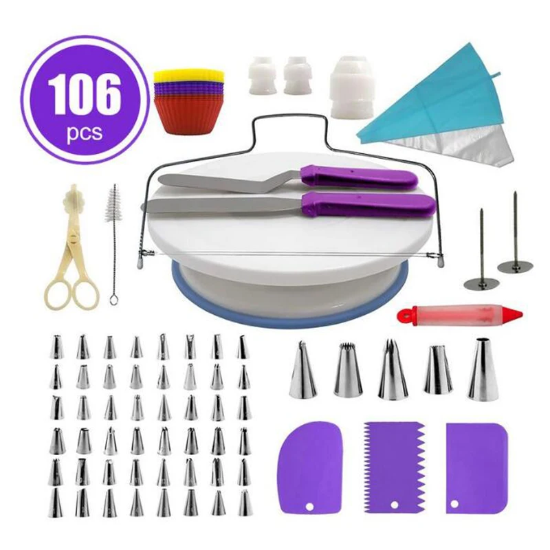 106Pcs Purple 52 шт/72 шт/106 шт вращающийся стол для украшения торта набор инструментов для выпечки инструменты для торта шелковые наборы цветов - Цвет: 106Pcs Purple