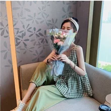  Summer Retro Sleeveless Fashion Wide Leg Pants Set Loose Leaky Shoulder Check Sling Top 2-piece Ladies Set 