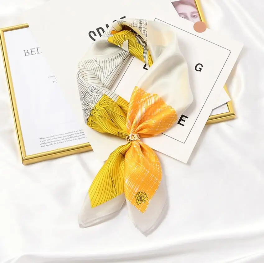 

Женский шарф из чистого шелка, шейный платок, квадратная повязка на голову, маленькая повязка на голову, шейный платок с цветочным принтом 2021, шарфы, бандана 53*53 см