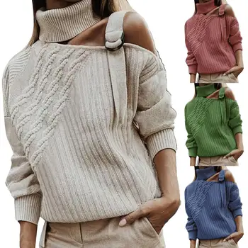 

Trendy Women Ladies Turtle Neck One Shoulder Diagonal Twist Ribbed Knitted Sweater