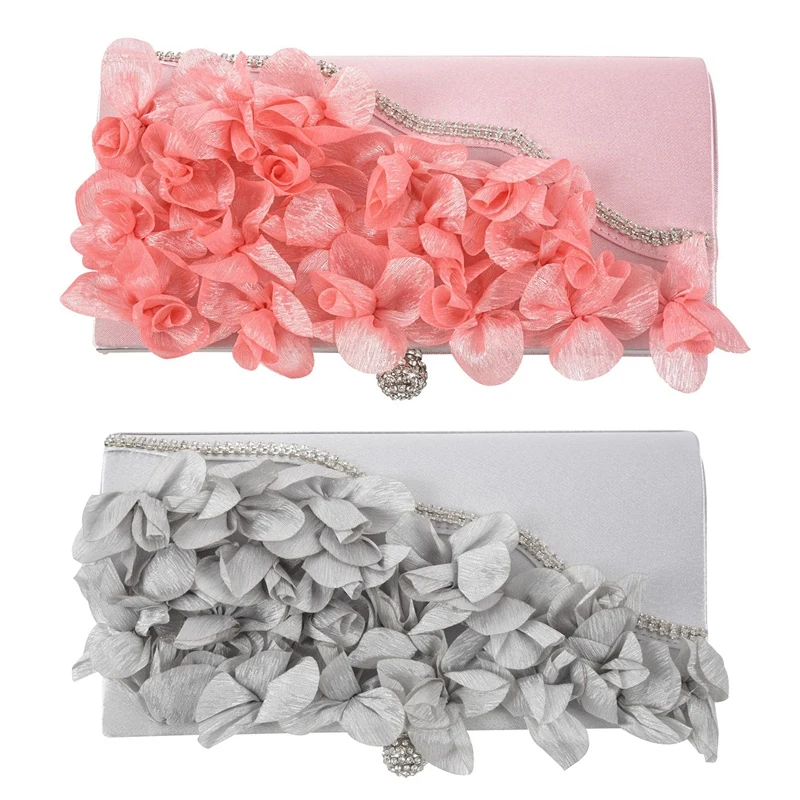 

LJL-2 Pcs Lady Satin Clutch Bag Flower Evening Party Wedding Purse Chain Shoulder Handbag, Silver & Pink