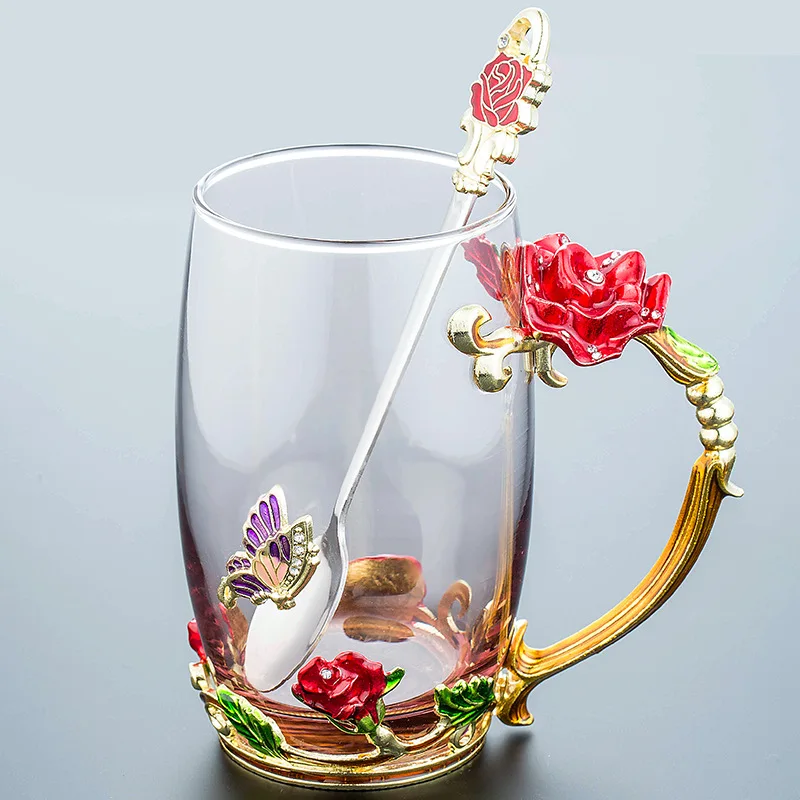 YeFine красота и Новинка эмалированное стекло кофейная чашка цветочный чай чашки для горячих и холодных напитков чайная чашка ложка Набор идеальный подарок - Цвет: Style H