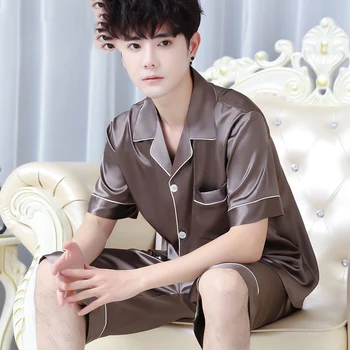 

Soft Solid Silk Satin Men Pajamas Sets Sleepwear Short Sleeve Shorts Homewear Comfortable Nightgown Sets Pyjamas 2 Pieces Set