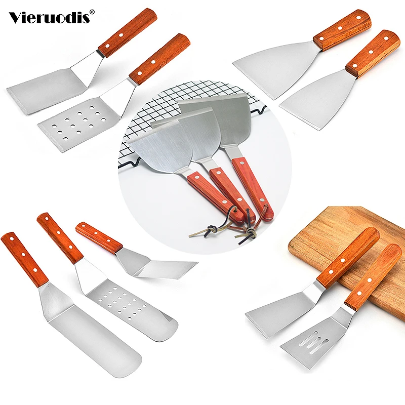 

Kitchen Spatula Wooden Handle Grill Turner Stainless Steel Metal Scrape For Pancake Teppanyaki Hibachi Griddle Cooking Utensil