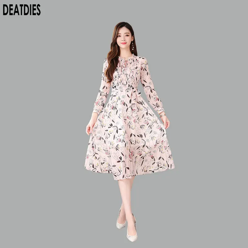 

2019 Chiffon Print Fashion Long Sleeve Casul Dress Women V-Neck A-line Elegant Sashes Autumn Vintage Office Lady Dresses Vestido