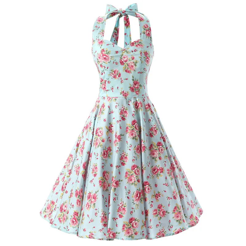 

Floral Print Pin Up Dress Vintage 50s Party Elegant Summer Cotton Hepburn Sexy Halter Backless Robe Femme Flower Retro Dresses
