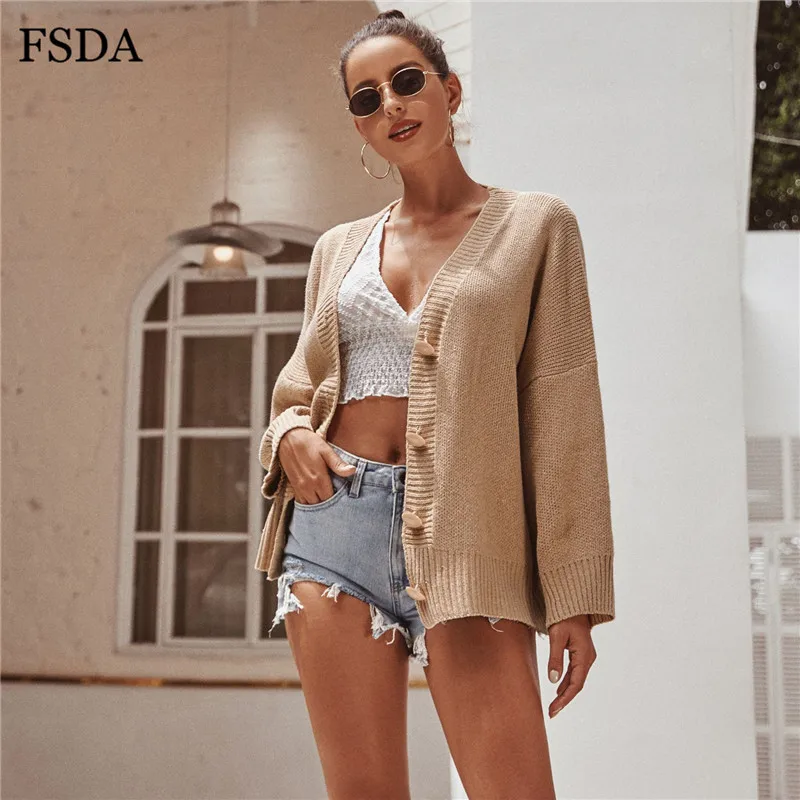 FSDA V Neck Women Long Sleeve Loose Sweater Casual Warm Button Cardigan Lady Autumn Winter Fashion Cute Sweaters