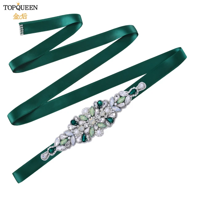 TOPQUEEN S443 Luxury Green Rhinestone Bridal Belt Beaded for Formal Evening Dresses Custom Diamond Decorative Belt Handmade dark green ribbon