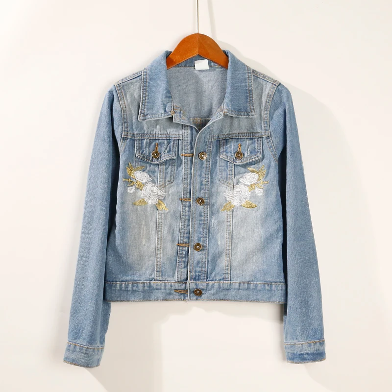 

Embroidered denim jacket female Korean version of the simple wild long-sleeved short section Slim denim jacket jacket tide