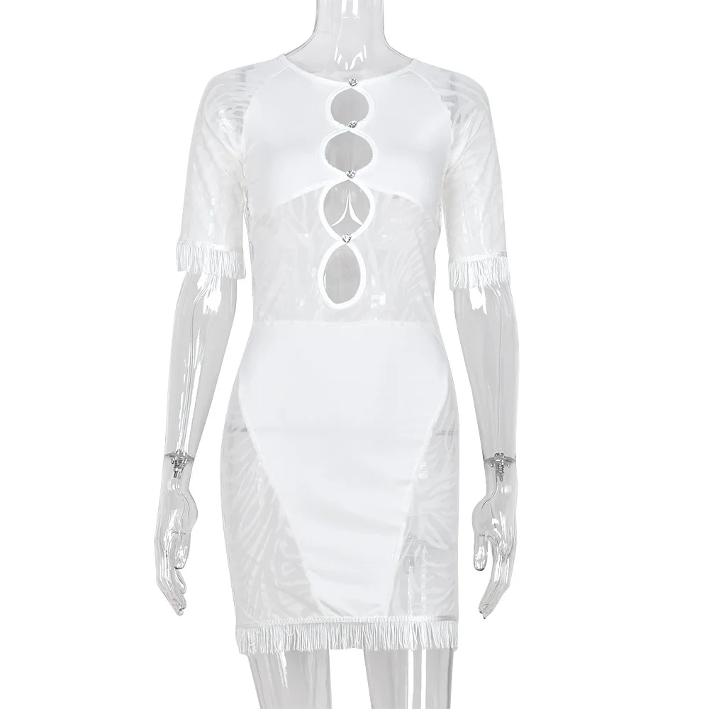 Sexy Mesh Tassel Bodycon Mini Dress for Women Elegant Short Sleeve Hollow Out Party Dresses 2022 Summer Y2K Black White Clothes corset dress Dresses