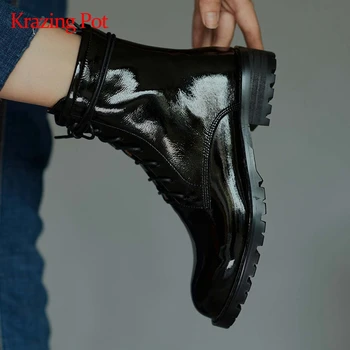 

Krazing pot motorcycle boots real leather modern cozy round toe thick med heel lace up energy lady maiden brand ankle boots L62