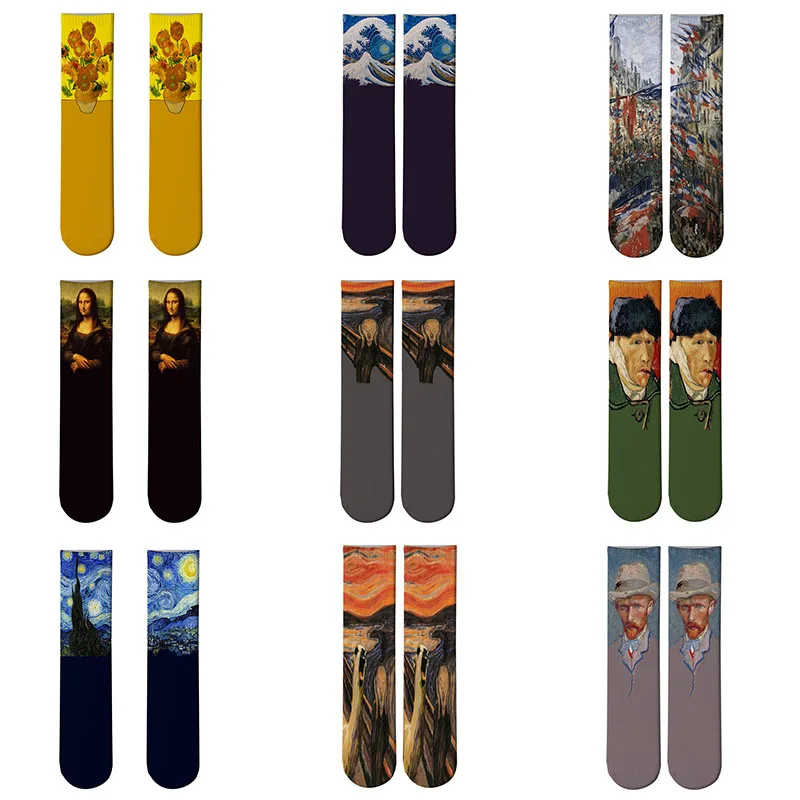 hiking socks women World Famous Oil Painting Socks For Unisex Starry Night Monet Mona Lisa Art Sock Retro Personality Comfortable Sokken For Female crew socks women