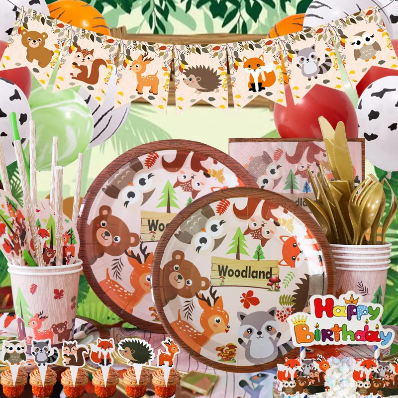 Vajilla de animales del bosque para decoración de cumpleaños, platos de papel, banderola, globos, suministros de fiesta de jungla