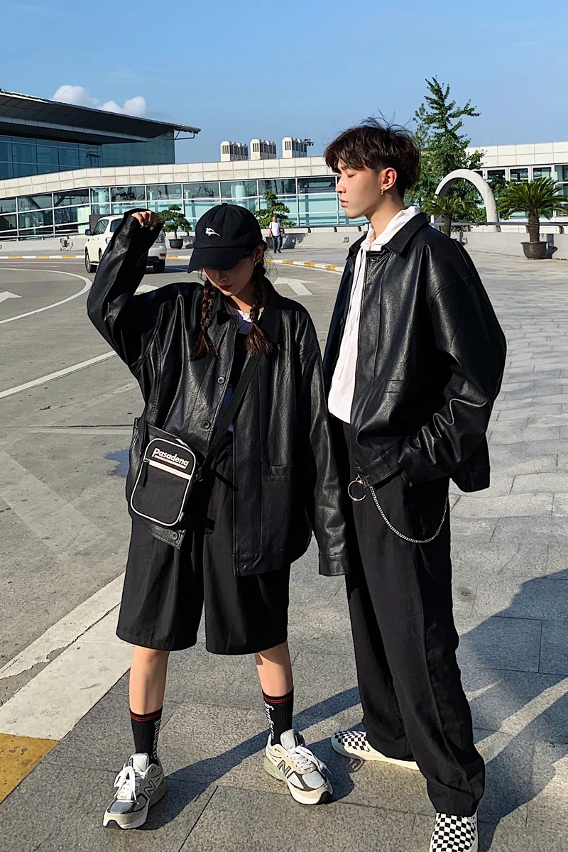Autumn New Ins Washed Couple Long-sleeved Leather Fashion Casual Loose Solid Color Coat Jacket Tide Black S-XL