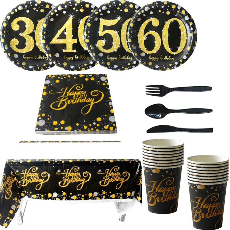 

30/40/50/60 Year old Adult birthday disposable party tableware 30th Golden memory glitter Paper plates cups tablecloths decor