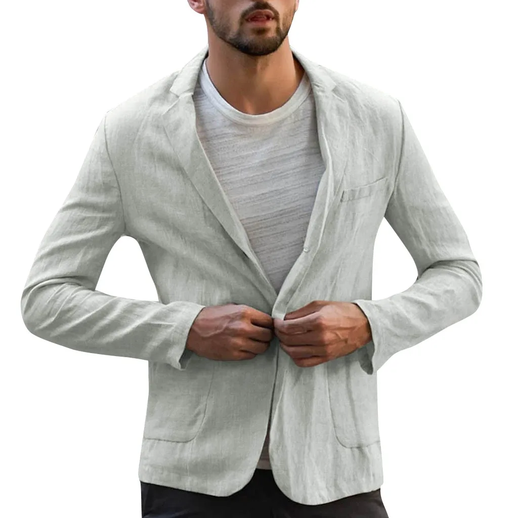 Men's Slim Fit Jackets Linen Blend Pocket Solid Long Sleeve Blazer Jacket Outwear Business Casual Outwear Spring Autumn Coat 2