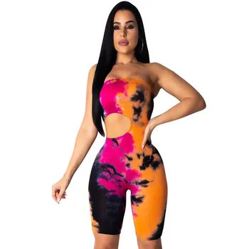 

Women Tie Dye Hollow Colorful Playsuits Casual Sleeveless Slim Bodycon Rompers Strapless Club Skinny Jumpsuit 3Colors Vestido