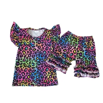 

colorful Leopard Print shirt with ruffle short girl clothing set