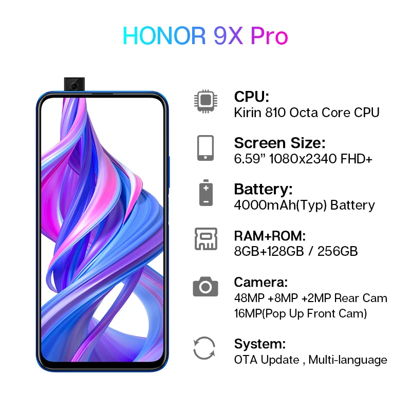 Honor 9X Pro, 8 ГБ, 128 ГБ, 256 ГБ, Kirin 810 Liquid Cool, смартфон, 48MP, тройная камера, 6,59 дюйма, авто всплывающая камера, мобильный телефон