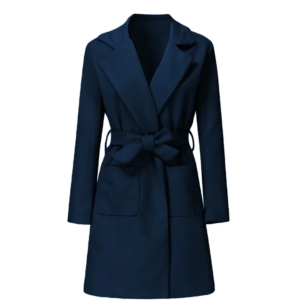 Dark Blue Женское шерстяное пальто, модные куртки с длинным рукавом, одноцветное повседневное Свободное пальто с поясом, повседневная куртка, верхняя одежда, зимнее пальто - Цвет: Dark Blue