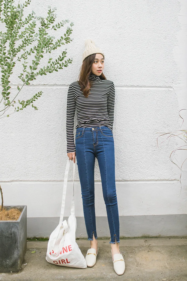 AliExpress Trousers Slit Burrs Jeans Women's High-waisted Slim Fit Elasticity Capri Skinny Pencil Pants
