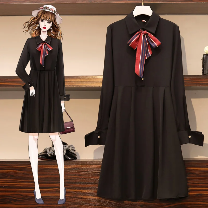 

2020 Vintage Black Bow Collar Midi Dresses Spring Autumn Plus Size Solid Long Sleeve Dress Elegant Women Bodycon Party Vestidos