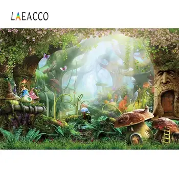 

Laeacco Old Tree Mushroom Dreamy Wonderland Forest Green Grass Baby Child Photography Background Photo Backdrop For Photo Studio
