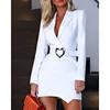 Elegant Notched Collar Padded Shoulder Ruched Blazer Dress Long Sleeve White Dress Office Workwear Blazer Vestidos ► Photo 1/6