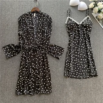 

2020 Fashion Women Spring Bathrobe Set Silk Robe Gown Set Summer Sexy Lace Sling Women Sleepwear Pyjamas Nightdress