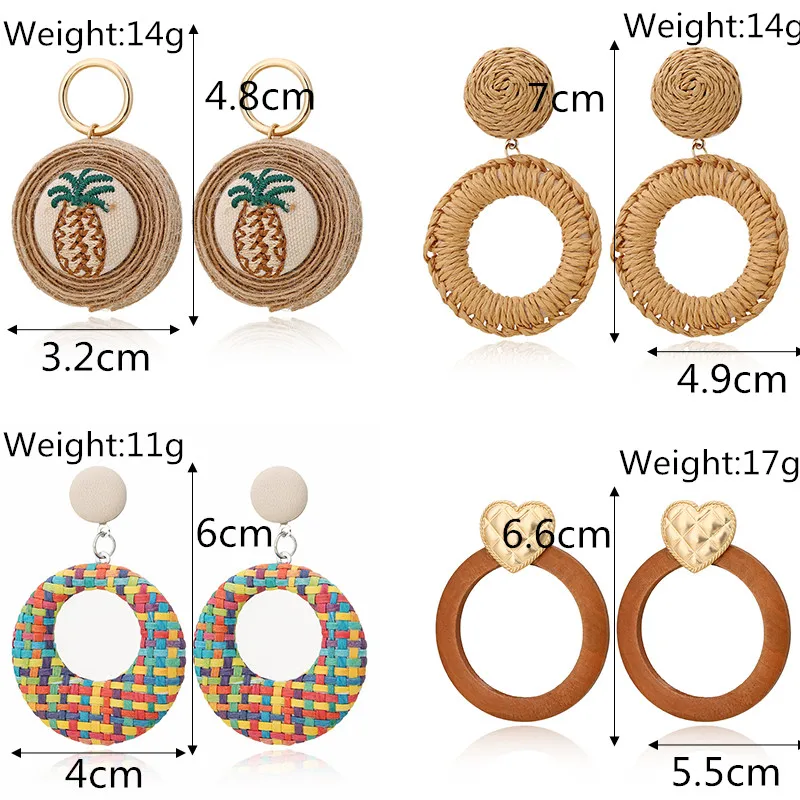 Korea Handmade Wooden Straw Woven Rattan Vine Braid Women Earrings Geometric Large Circle Long Drop Earrings