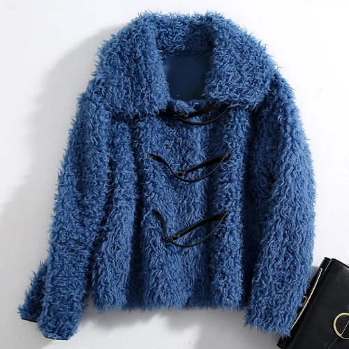 BLue Овечья стрижка куртка Женская Осенняя зимняя одежда корейское натуральное меховое пальто женские винтажные шерстяные куртки Теплый меховой верх LW2013 - Цвет: BLue