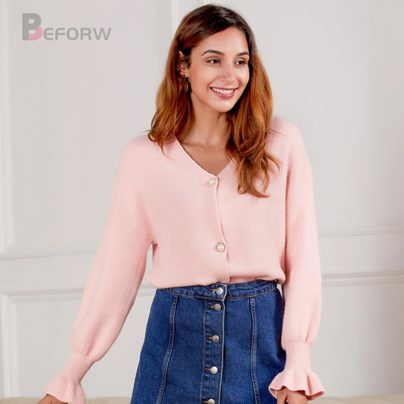 

BEFORW 2019 New Fall Pink Women Cardigan Sweater V Neck Button Elegant Flare Sleeve Female Sweaters Womens Winter Casual jumper