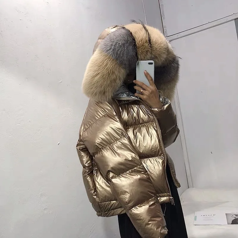 Winter Glossy Coat Big Fur Fox Collar Silver Golden Duck Down Jacket Women Double Sided Wear Hooded Waterproof Parkas Outerwear