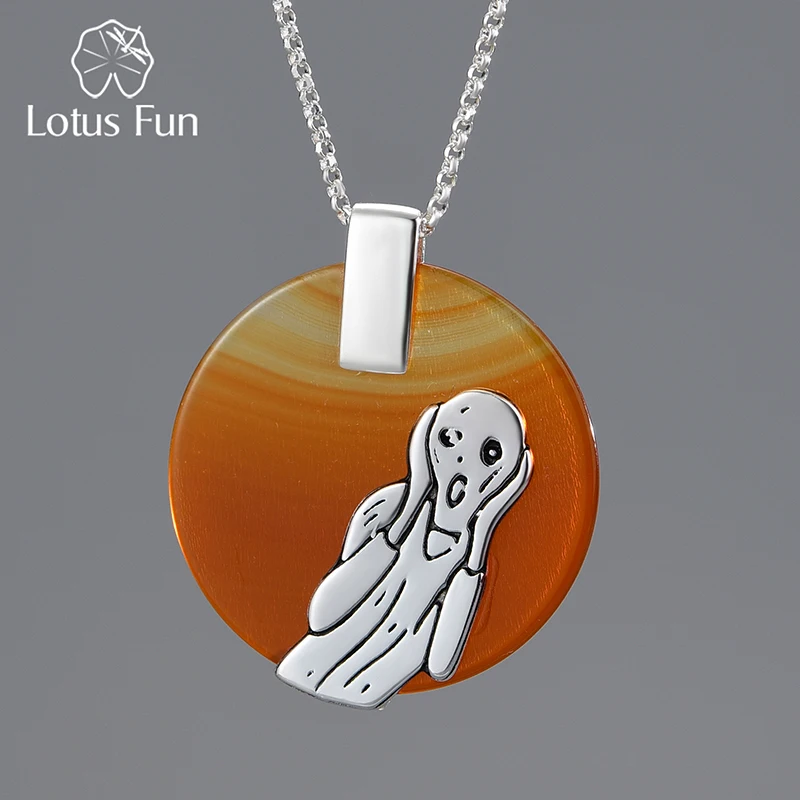 Lotus Fun 925 Sterling Silver Natural Agate Handmade Fine Jewelry The Scream Painting Pendant without Necklace for Women