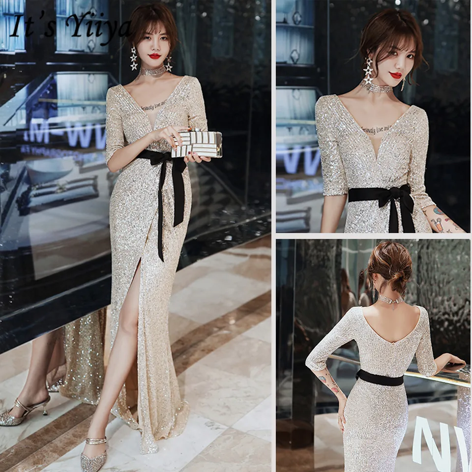 It's Yiiya Formal Dress V-Neck Zipper Sequined Floor-Length Evening Plus Size Half Sleeve Ruched Robe De Soiree K009 | Свадьбы и