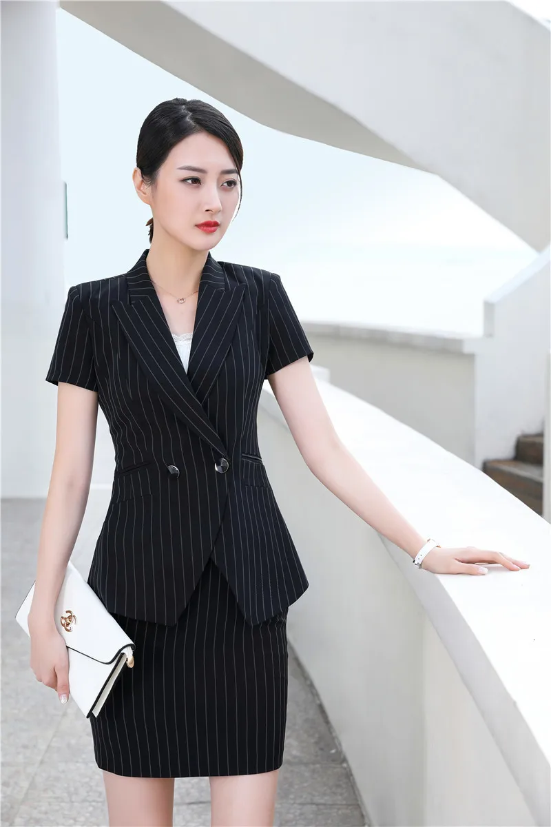Летние с коротким рукавом модные полосатые костюмы с юбкой и пиджаком и юбкой официальные блейзеры женский деловой костюм наборы