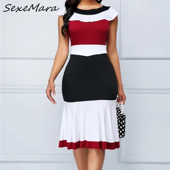 

O-neck Casual Elegant Women Striped Midi Dress Fashion 2020 Summer Plus Size Ruffles Slim Dress