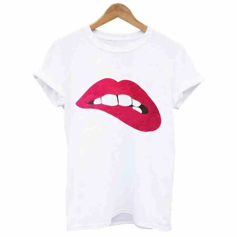 Summer Pretty and Cute Red Lips Print Women T Shirt Summer Casual Short Sleeve O Neck T-shirt Ladies White TShirts