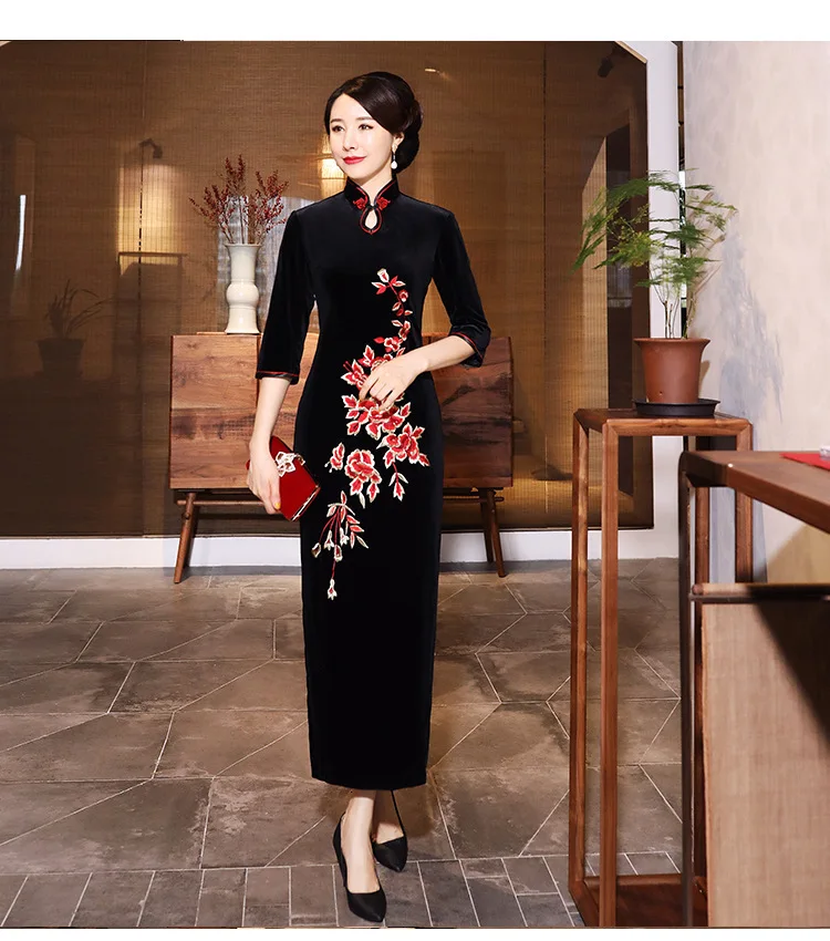 Черный бархат вышивка Китайский Винтаж Cheongsam капли воды воротник Женский костюм женский Восточный стиль с длинным рукавом Qipao