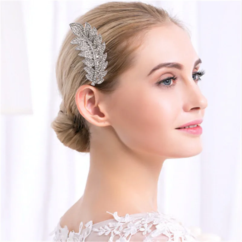 

Big Silver Leaf Bride Hair Combs Charms Ziron Women Accessories Statement Metal Handmade Plant Crystal Headwear Bridal Headdress