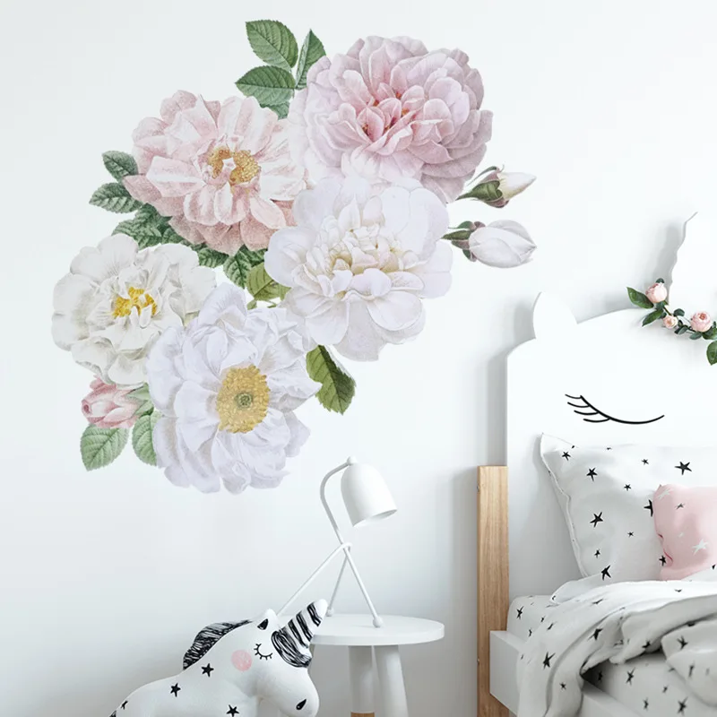 Watercolor Sweet Pink White Peony Wall stickers Flower Wall Decals for Baby Nursery Room Decoration Living Room Bedroom Decor